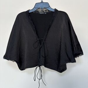 Black Lace-Trimmed Tie-Front Top